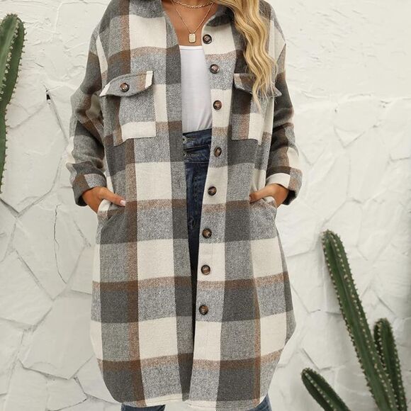 NWT Long Plaid Women Brushed Flannel Shacket Jacket Button Down Wool Blend Coat - Picture 6 of 6